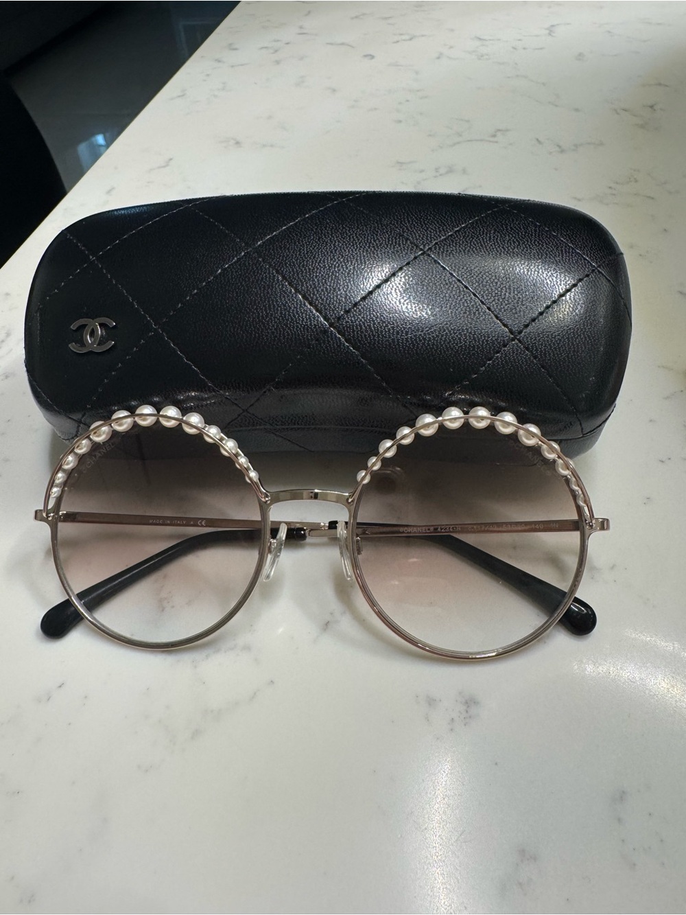 CHANEL Pink Gold Round Sunglasses with Pearl Trim and Black Temple Tips